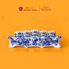 Bộ Kỷ Ngai 5 Chén Thờ Men Lam Nổi Vẽ Vàng