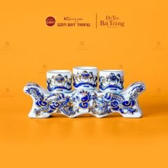 Bộ Kỷ Ngai 3 Chén Thờ Men Lam Nổi Vẽ Vàng
