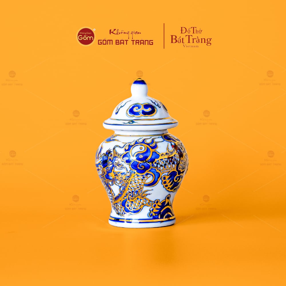 Chóe Thờ Men Lam Nổi Độc Long Chầu Ngọc Vẽ Vàng