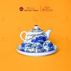 Bộ Ấm Chén Thờ Men Lam Nổi Vẽ Vàng