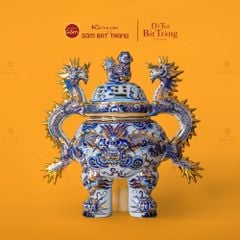 Đỉnh Hương Thờ Men Lam Vẽ Vàng Họa Tiết Thanh Long