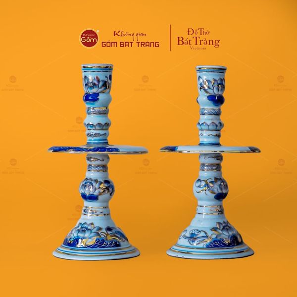 Cặp Chân Nến Thờ Men Lam Vẽ Vàng Họa Tiết Hoa Sen