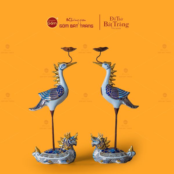 Hạc Thờ Trắng Men Lam Vẽ Vàng (Chiếc)