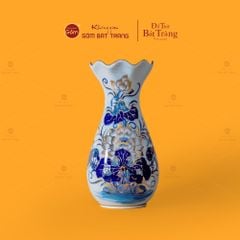 Lọ Hoa Thờ Miệng Lượn Men Lam Vẽ Vàng Họa Tiết Hoa Sen