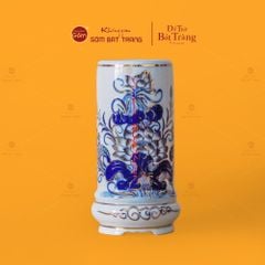 Ống Hương Thờ Kèm Đế Men Lam Vẽ Vàng Họa Tiết Hoa Sen