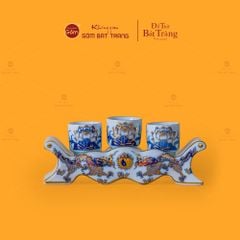 Bộ Kỷ Ngai 3 Chén Thờ Men Lam Vẽ Vàng Họa Tiết Rồng