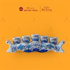 Bộ Kỷ Ngai 5 Chén Thờ Men Lam Vẽ Vàng Họa Tiết Hoa Sen