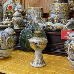 Đèn Dầu Thờ Hoa Sen Men Rạn Vẽ Vàng