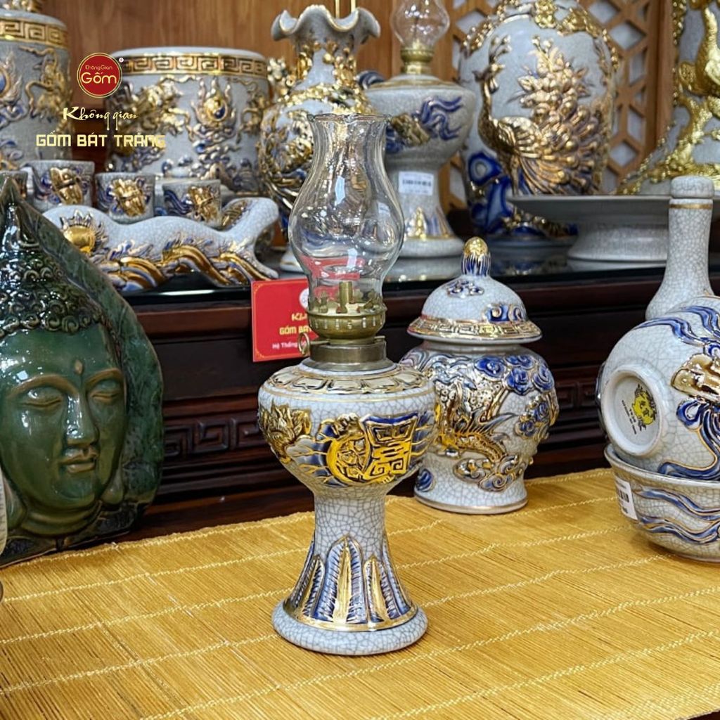 Đèn Dầu Thờ Hoa Sen Men Rạn Vẽ Vàng