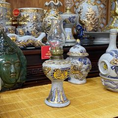 Đèn Dầu Thờ Hoa Sen Men Rạn Vẽ Vàng