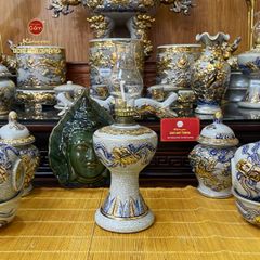 Đèn Dầu Thờ Cuốn Thư Men Rạn Vẽ Vàng