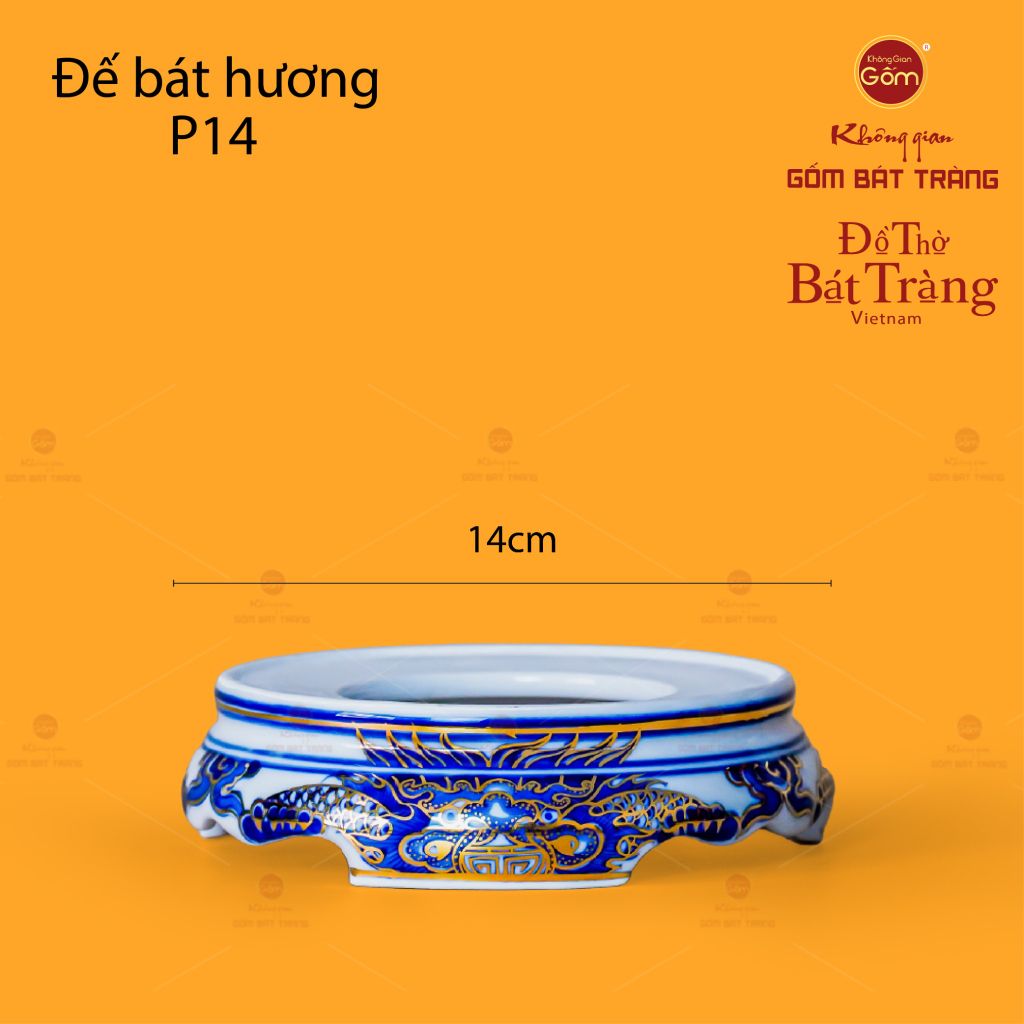 Bát Hương Men Lam Nổi Song Long Chầu Nguyệt Vẽ Vàng