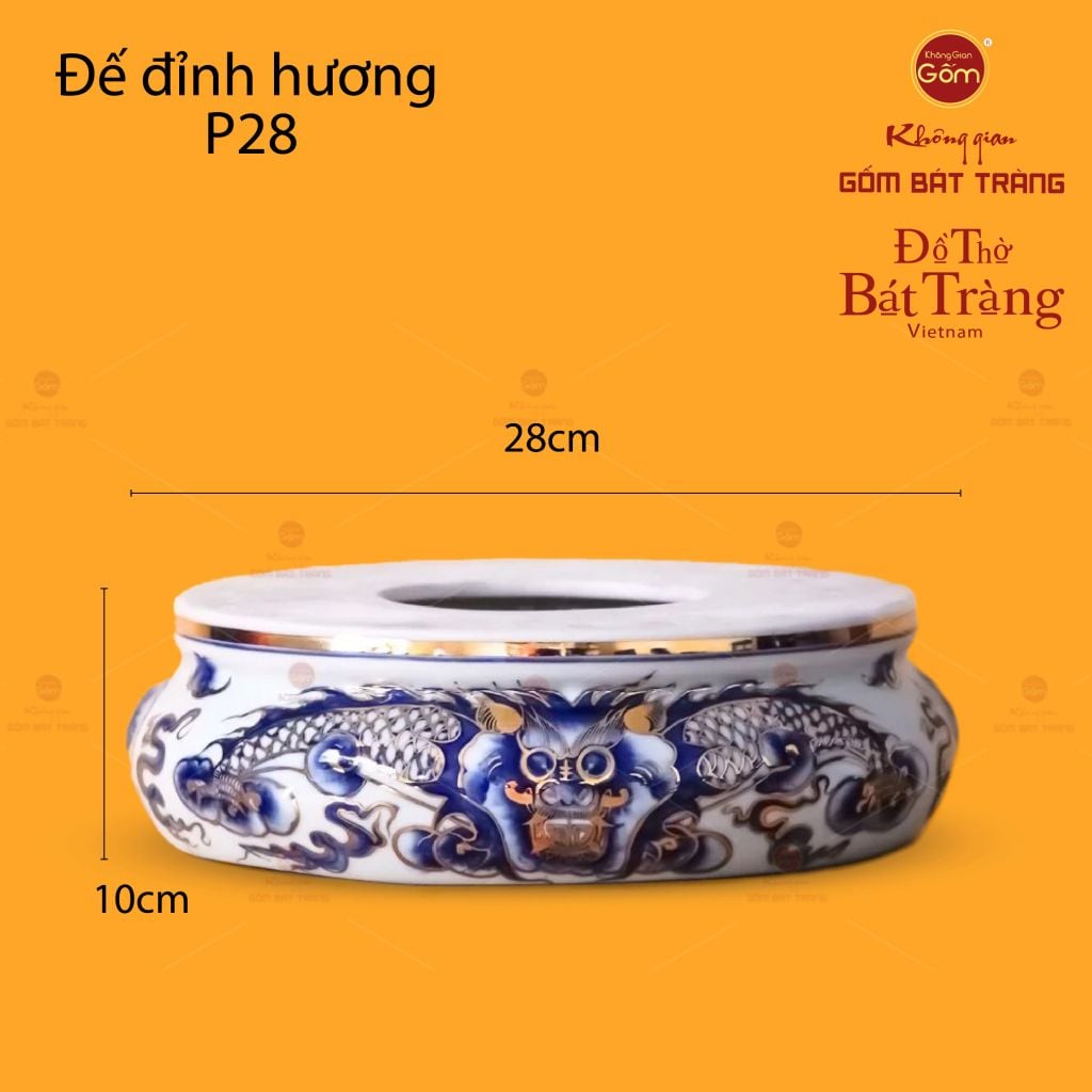 Đỉnh Hương Thờ Men Lam Vẽ Vàng Họa Tiết Thanh Long