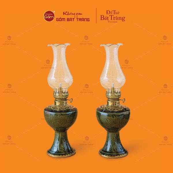 Đèn Dầu Thờ Chân Bọc Đồng Vẽ Hoa Sen