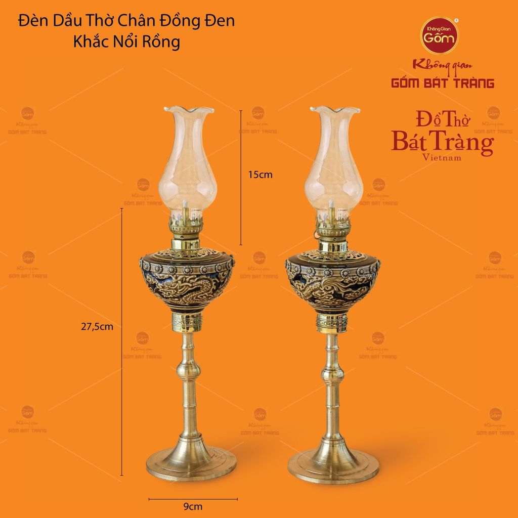 Đèn Dầu Thờ Chân Đồng Đen Khắc Nổi Rồng