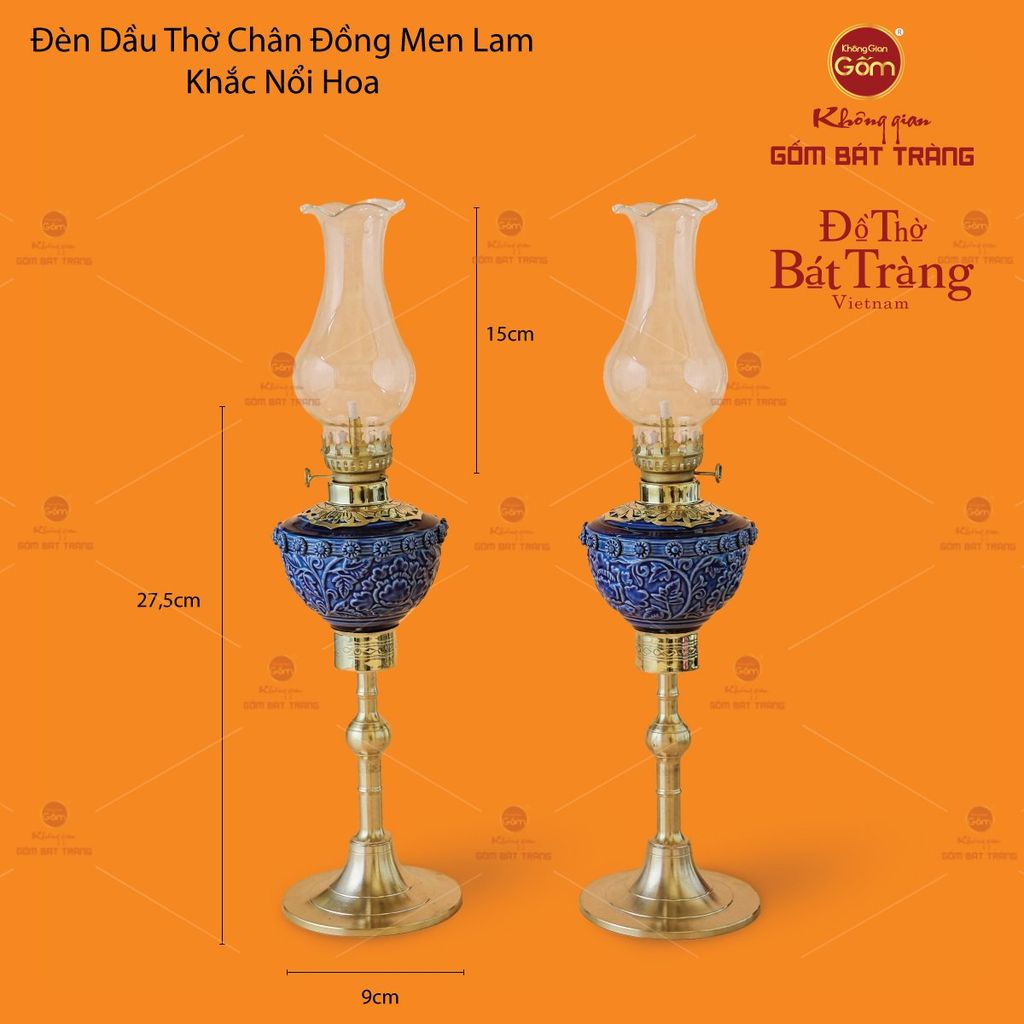 Đèn Dầu Thờ Chân Đồng Men Lam Khắc Nổi Hoa