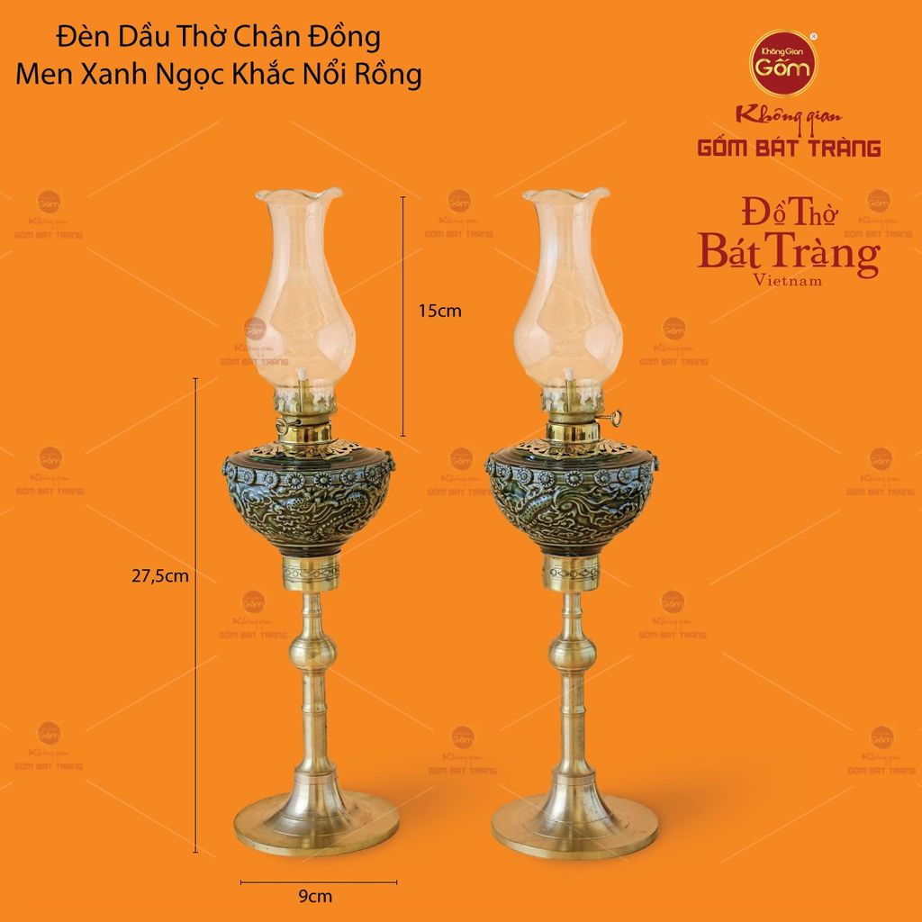 Đèn Dầu Thờ Chân Đồng Men Xanh Ngọc Khắc Nổi Rồng