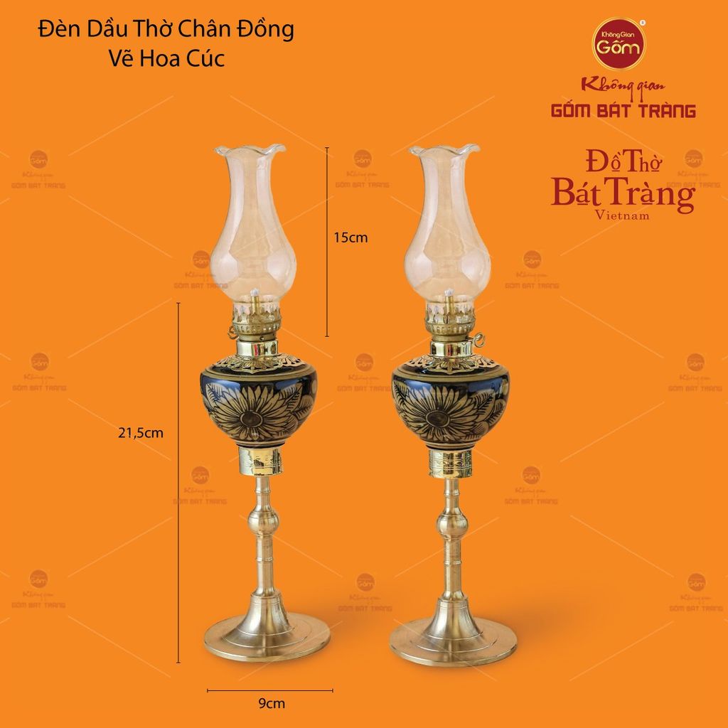 Đèn Dầu Thờ Chân Đồng Vẽ Hoa Cúc