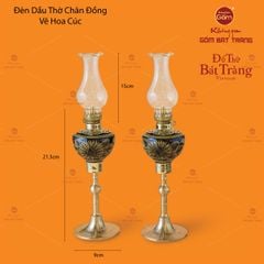 Đèn Dầu Thờ Chân Đồng Vẽ Hoa Cúc