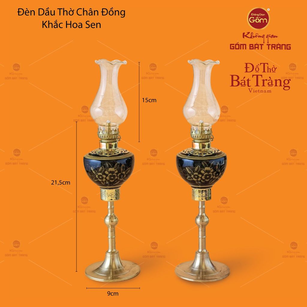 Đèn Dầu Thờ Chân Đồng Vẽ Hoa Mai