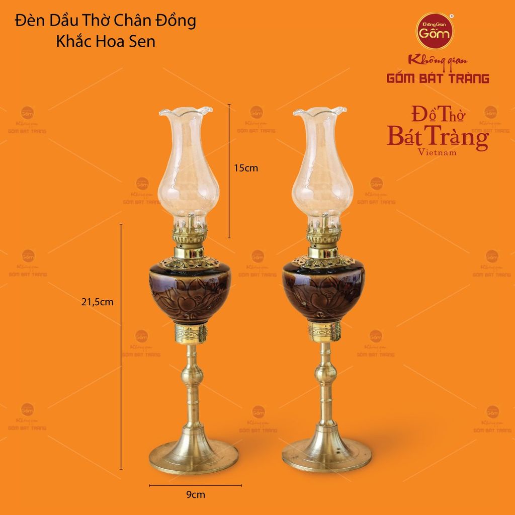 Đèn Dầu Thờ Chân Đồng Vẽ Hoa Sen