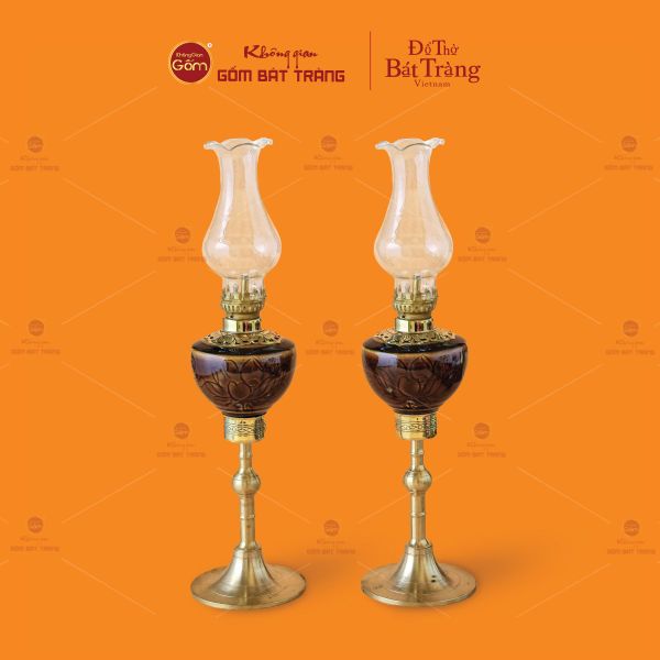 Đèn Dầu Thờ Chân Đồng Vẽ Hoa Sen