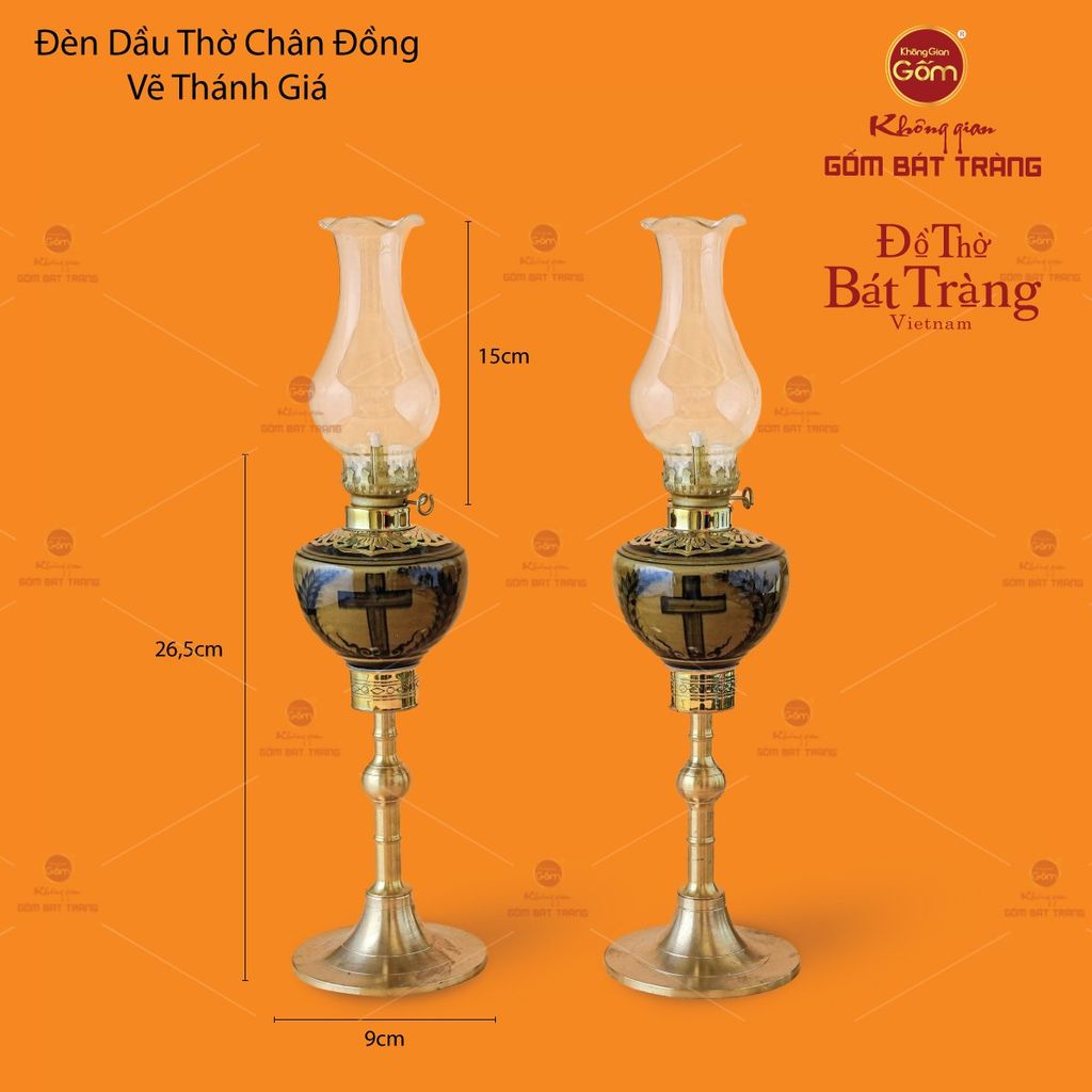 Đèn Dầu Thờ Chân Đồng Vẽ Thánh Giá