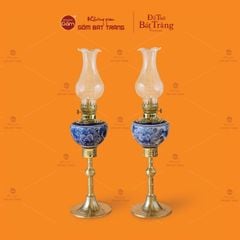 Đèn Dầu Thờ Men Lam Chân Đồng Vẽ Hoa Phù Dung