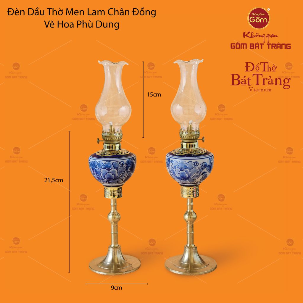 Đèn Dầu Thờ Men Lam Chân Đồng Vẽ Hoa Phù Dung