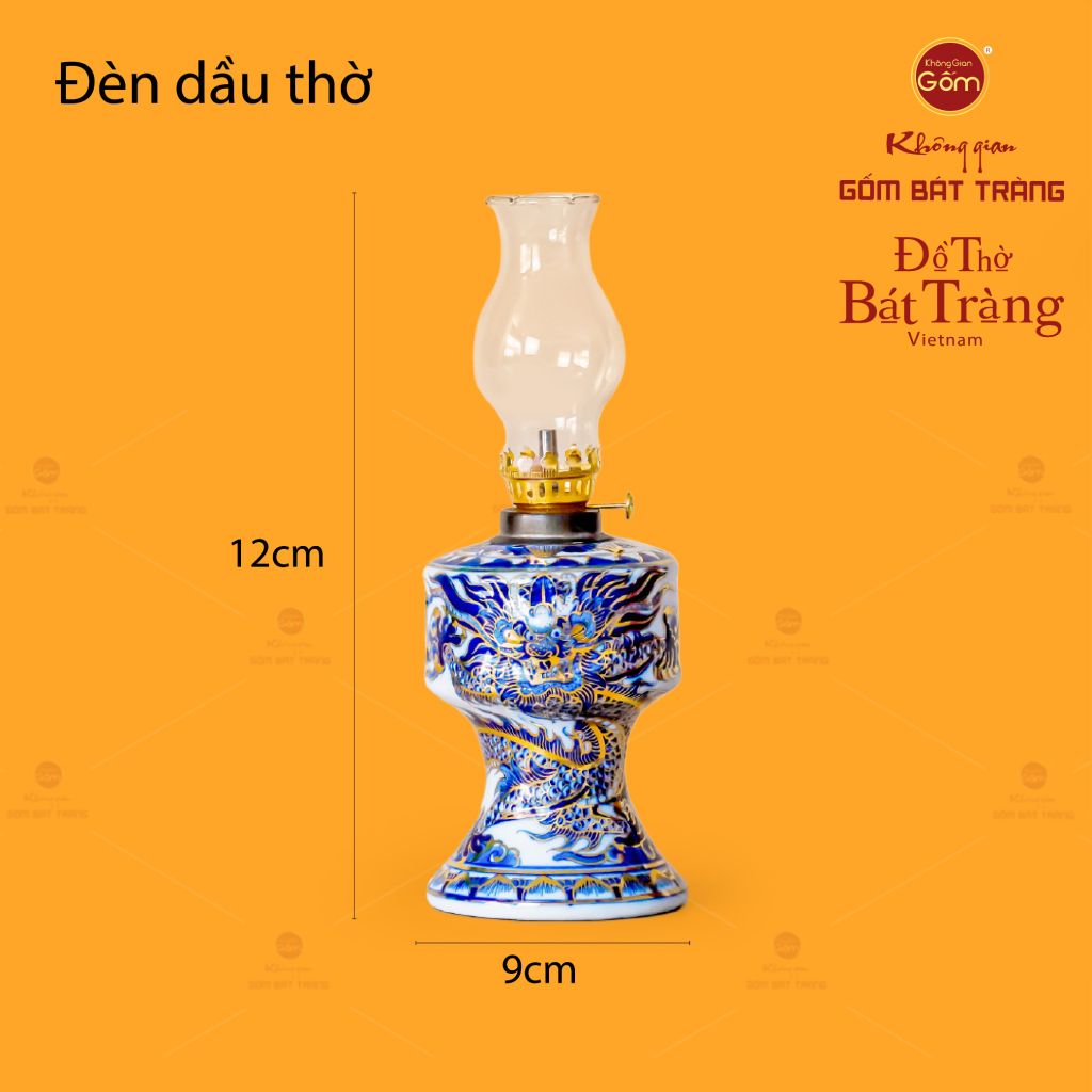 Đèn Dầu Thờ Men Lam Nổi Độc Long Vẽ Vàng