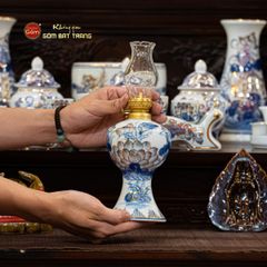 Đèn Dầu Thờ Men Lam Vẽ Vàng Hoạ Tiết Hoa Sen