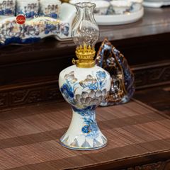 Đèn Dầu Thờ Men Lam Vẽ Vàng Hoạ Tiết Hoa Sen