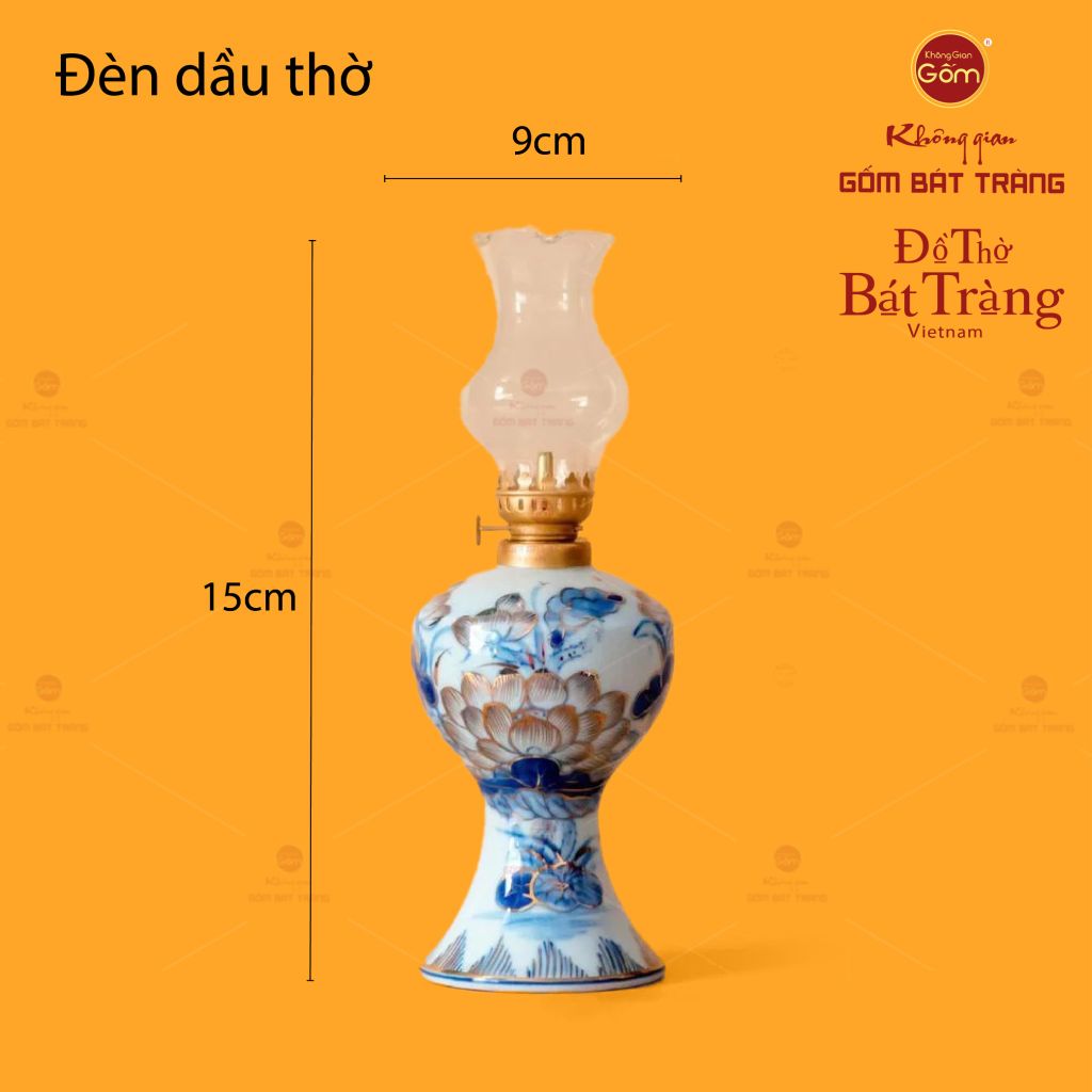 Đèn Dầu Thờ Men Lam Vẽ Vàng Hoạ Tiết Hoa Sen
