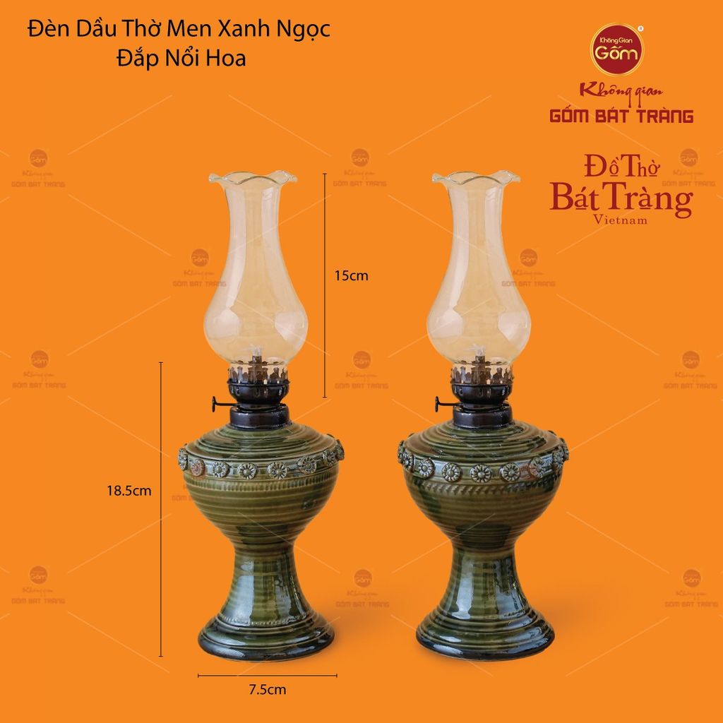 Đèn Dầu Thờ Men Xanh Ngọc Đắp Nổi Hoa