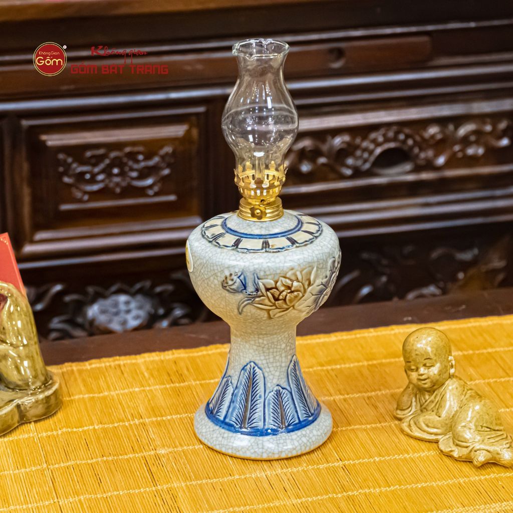 Đèn Dầu Thờ Men Rạn Họa Tiết Hoa Sen