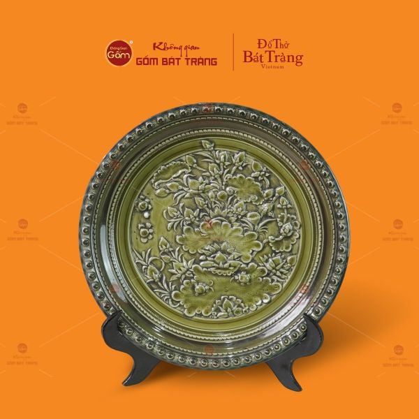 Đĩa Trưng Bày Đắp Nổi Hoa Sen Xanh