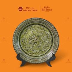 Đĩa Trưng Bày Đắp Nổi Men Xanh Long Cuốn Thủy