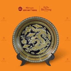Đĩa Trưng Bày Đắp Nổi Vẽ Màu Nền Xanh Đen Long Cuốn Thủy
