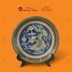 Đĩa Trưng Bày Đắp Nổi Vẽ Màu Nền Xanh Long Cuốn Thủy