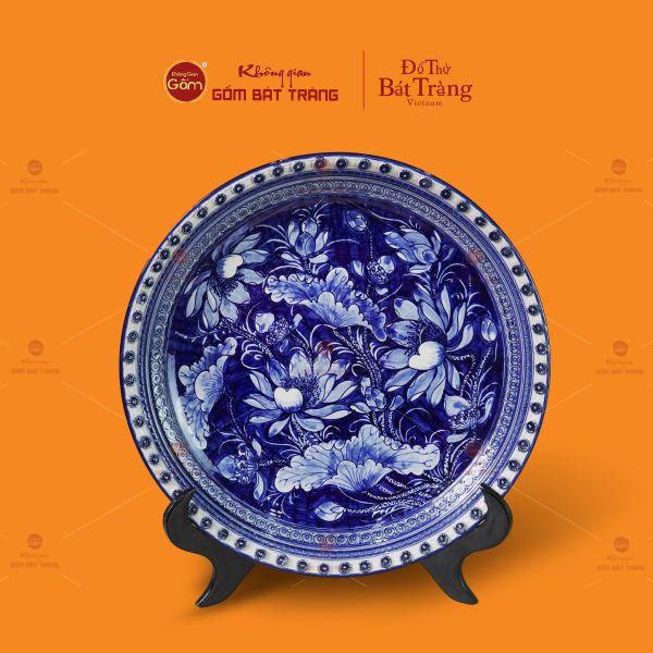 Đĩa Trưng Bày Men Lam Hoa Sen Nở Rộ