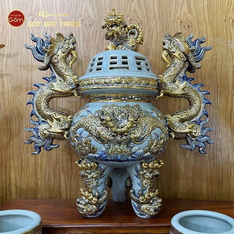 Đỉnh Hương Thờ Men Rạn Vẽ Vàng