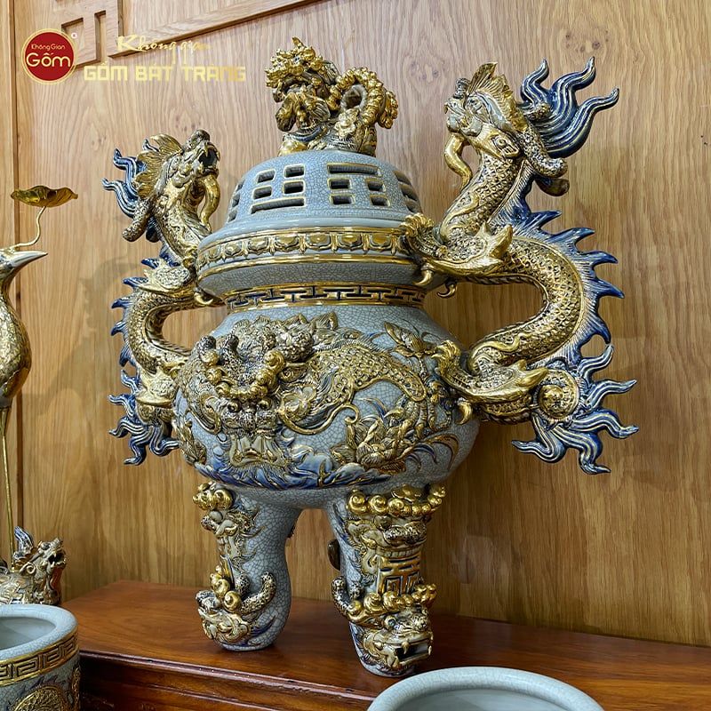 Đỉnh Hương Thờ Men Rạn Vẽ Vàng