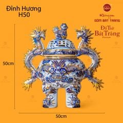Đỉnh Hương Thờ Men Lam Vẽ Vàng Họa Tiết Thanh Long