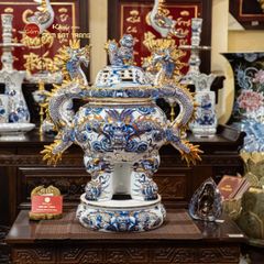 Đỉnh Hương Thờ Men Lam Vẽ Vàng Họa Tiết Thanh Long