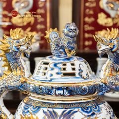 Đỉnh Hương Thờ Men Lam Vẽ Vàng Họa Tiết Thanh Long