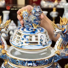 Đỉnh Hương Thờ Men Lam Vẽ Vàng Họa Tiết Thanh Long
