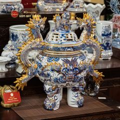 Đỉnh Hương Thờ Men Lam Vẽ Vàng Họa Tiết Thanh Long