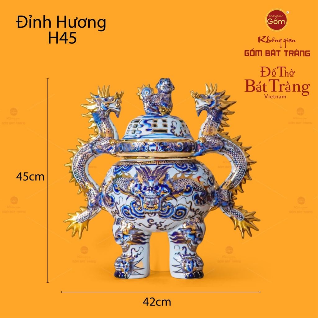 Đỉnh Hương Thờ Men Lam Vẽ Vàng Họa Tiết Thanh Long