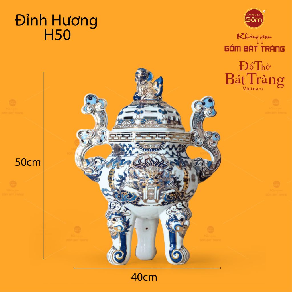 Đỉnh Hương Thờ Men Lam Vẽ Vàng Vẽ Rồng