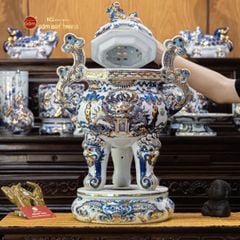 Đỉnh Hương Thờ Men Lam Vẽ Vàng Vẽ Rồng